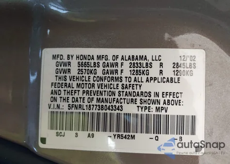 2003 Honda Odyssey Ex-L z USA, uszkodzony, nr VIN 5FNRL18773B043343